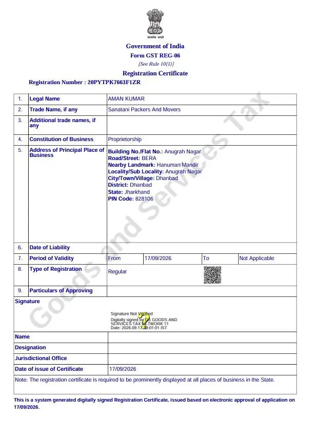 GST Registration Sanatani Packers and Movers