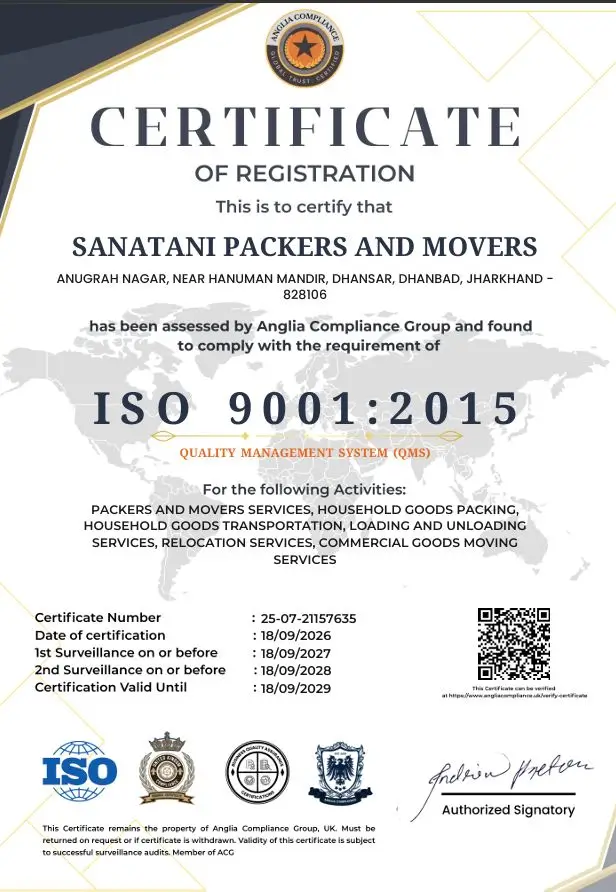 ISO Certificate Sanataini Packers and Movers