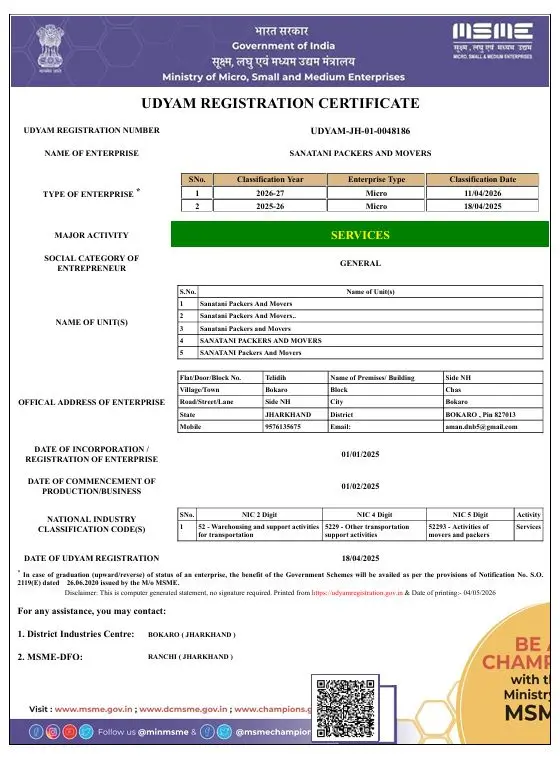 Udyam Registration Sanatani Packers and Movers